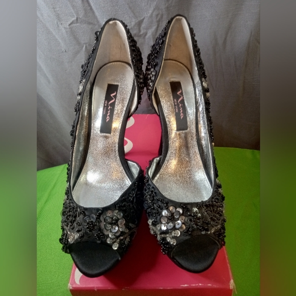Nina Black Sequin Embellished Heels